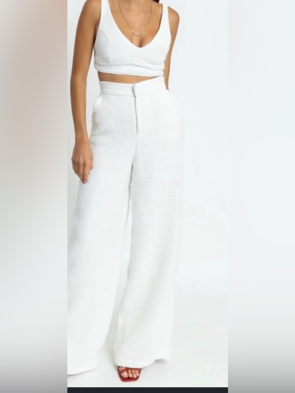 Showpo. Crop Top & High Waist Wide Leg Pants Set in White